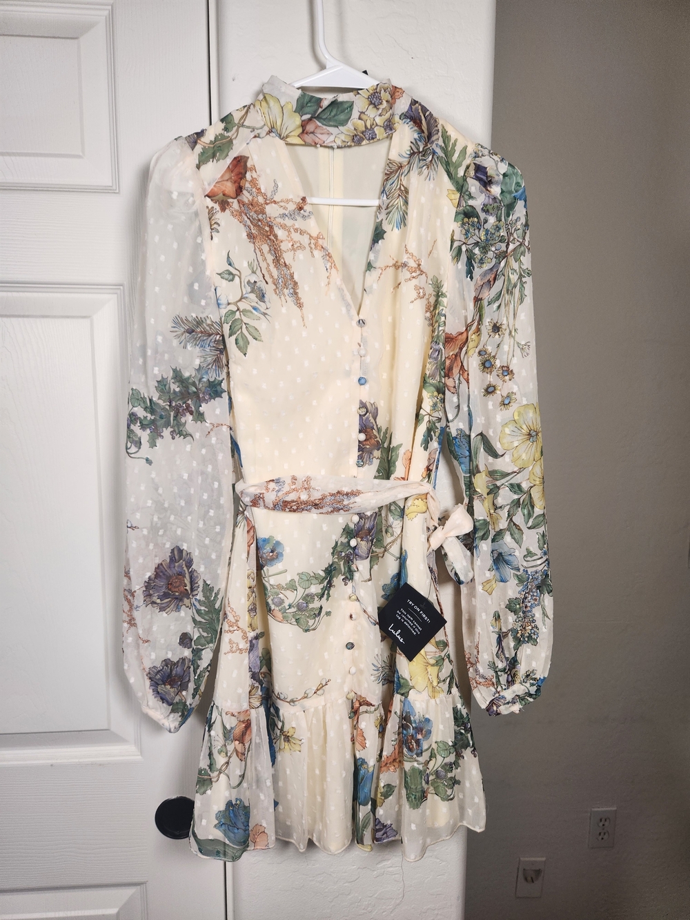 Lulu's Cream Floral Swiss-Dot Long-Sleeve Tie-Waist Mini Dress